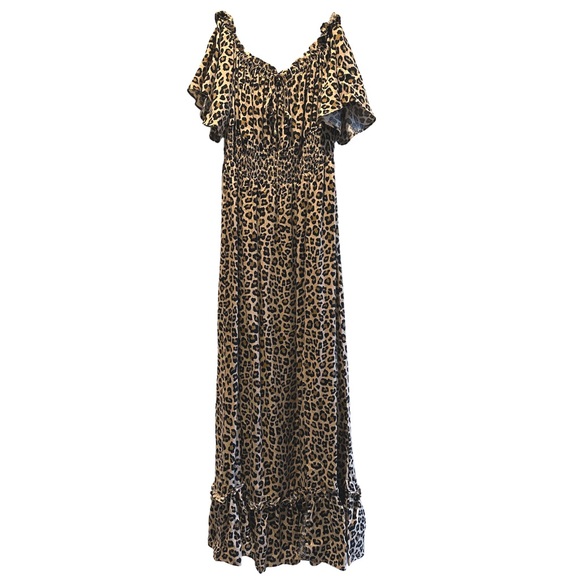 NWOT Off the Shoulder Smocked Waist Side Slit Animal Cheetah Leopard Print Dress - Picture 1 of 6